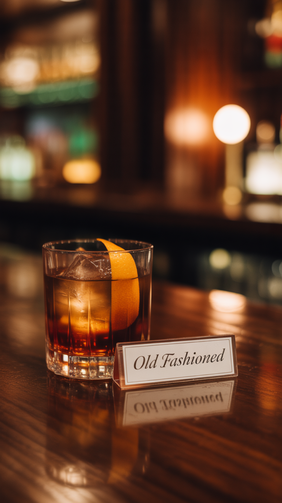 Classic Old Fashioned cocktail with orange twist garnish in a vintage rocks glass, served on a polished wooden bar in a dimly lit upscale setting